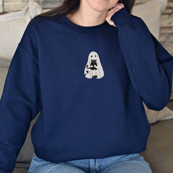 Embroidered Cute Ghost Drinking Coffee Bubble Tea Cat Halloween Sweatshirt/Tshirt/Hoodie
