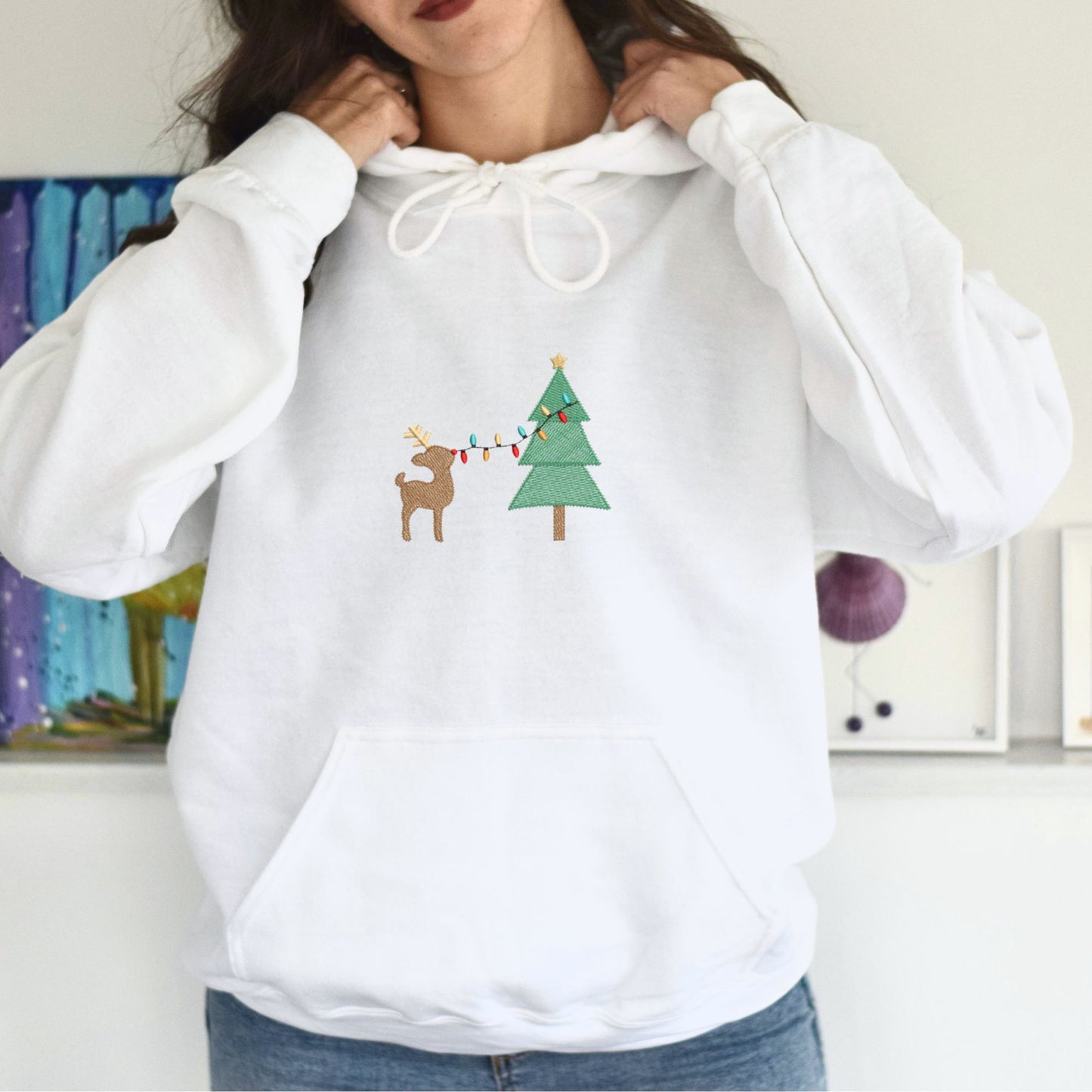 Embroidered Reindeer and Christmas Tree Sweatshirt Tshirt Hoodie
