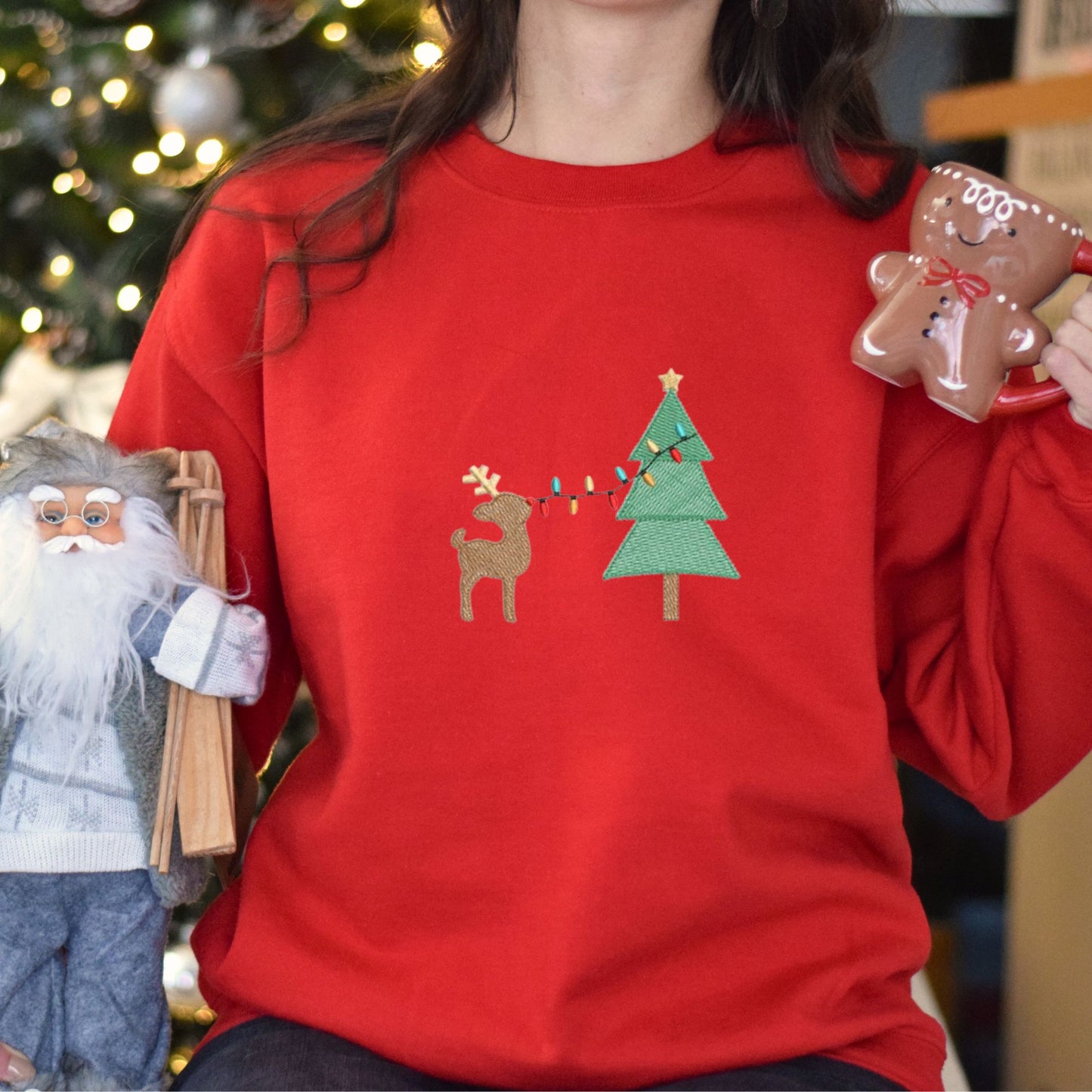 Embroidered Reindeer and Christmas Tree Sweatshirt Tshirt Hoodie