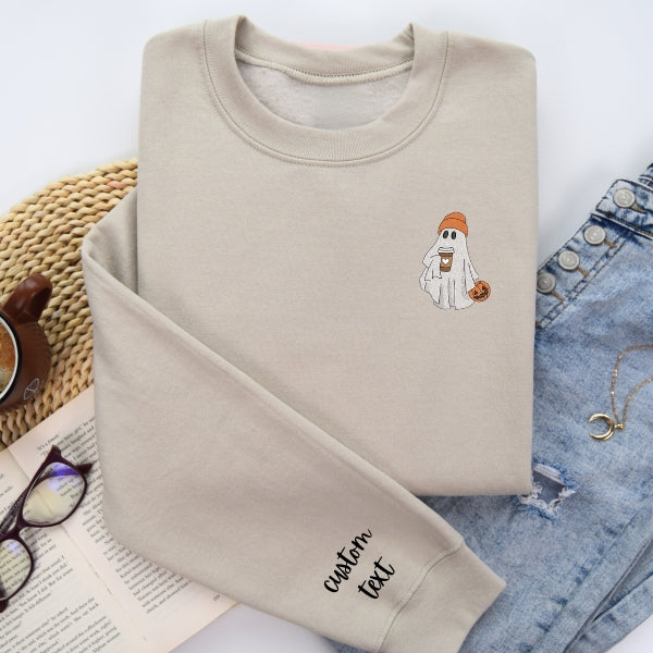Embroidered Cute Ghost Drinking Coffee Bubble Tea Cat Halloween Sweatshirt/Tshirt/Hoodie