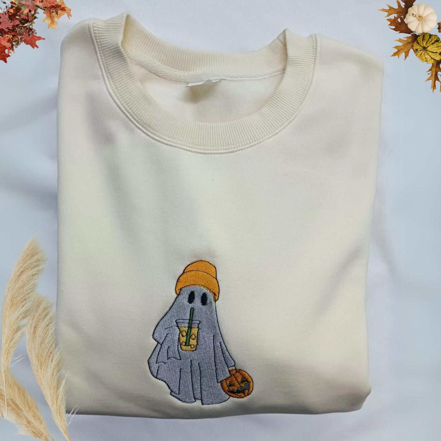 Embroidered Cute Ghost Drinking Coffee Bubble Tea Cat Halloween Sweatshirt/Tshirt/Hoodie