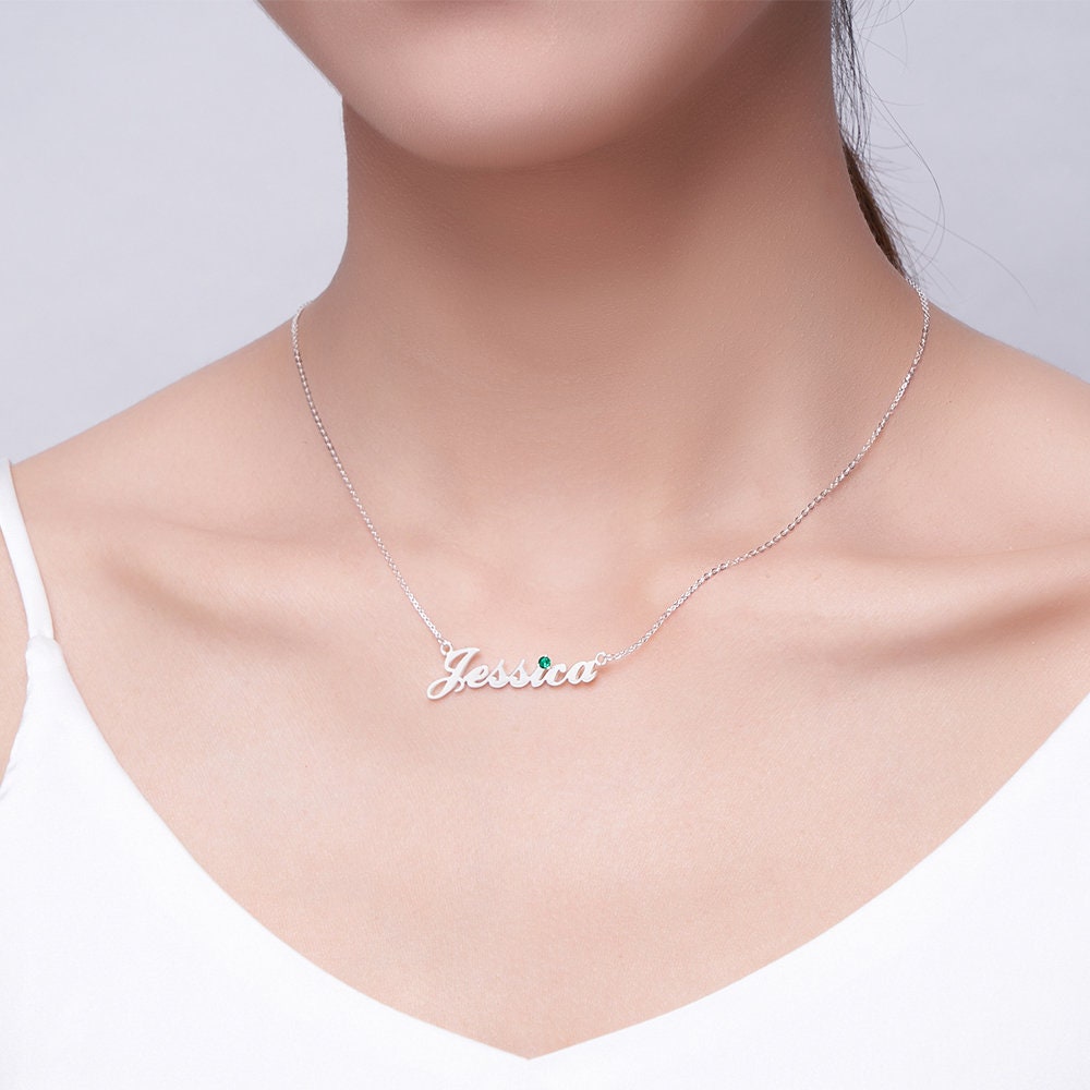 Custom Handwriting Name with Birthstone Necklace in 925 Sterling Silver