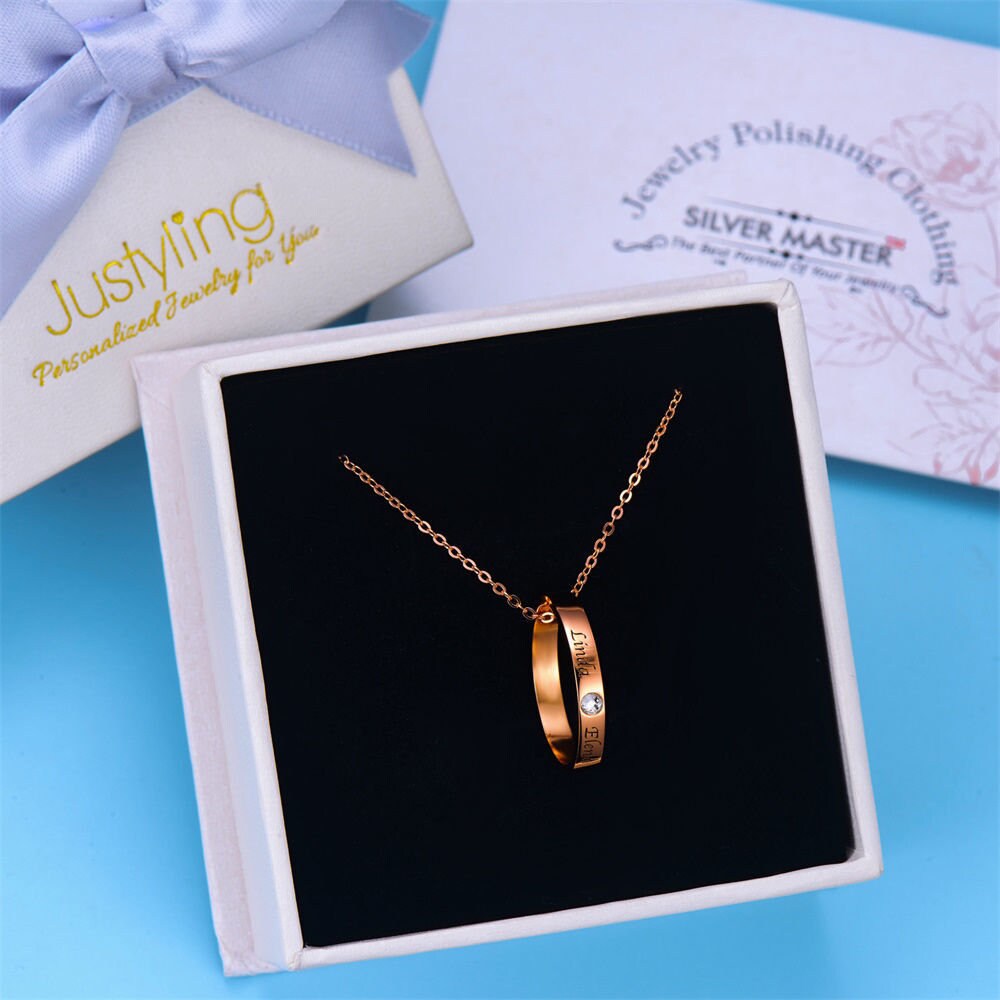 Custom Engraved Text on Ring with Birthstone Necklace 925 Sterling Silver