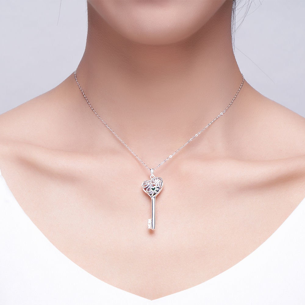 Custom Key Pendant Name Birthstone Necklace 925 Sterling Silver