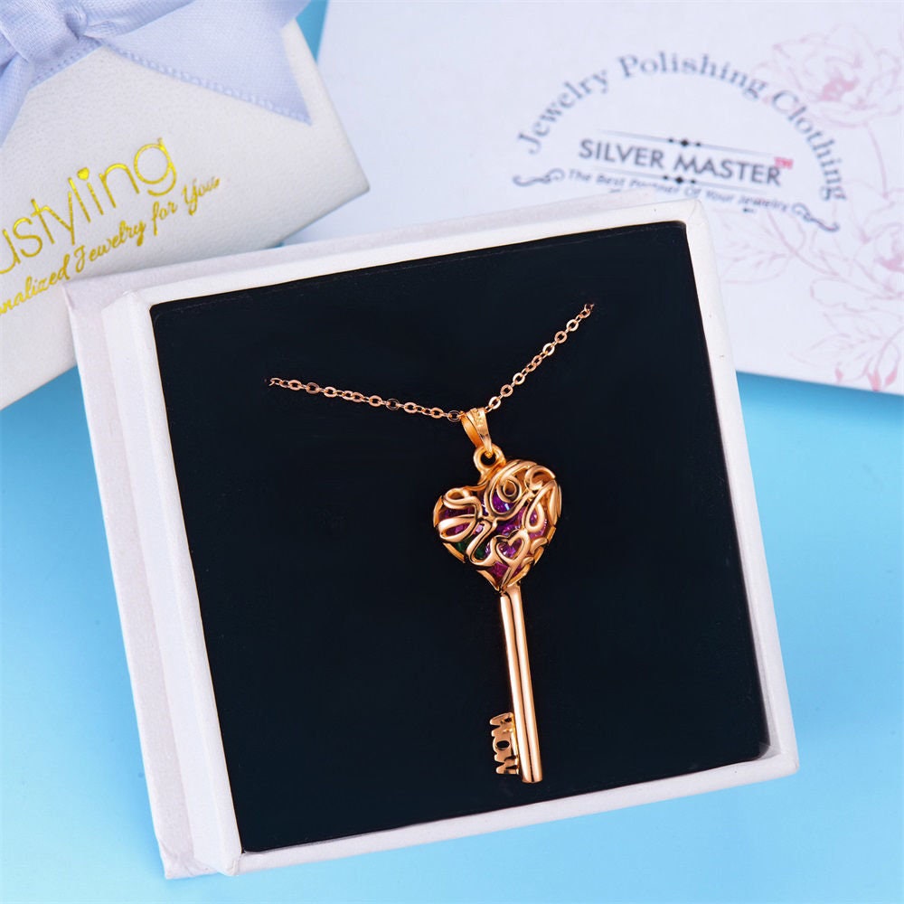 Custom Key Pendant Name Birthstone Necklace 925 Sterling Silver