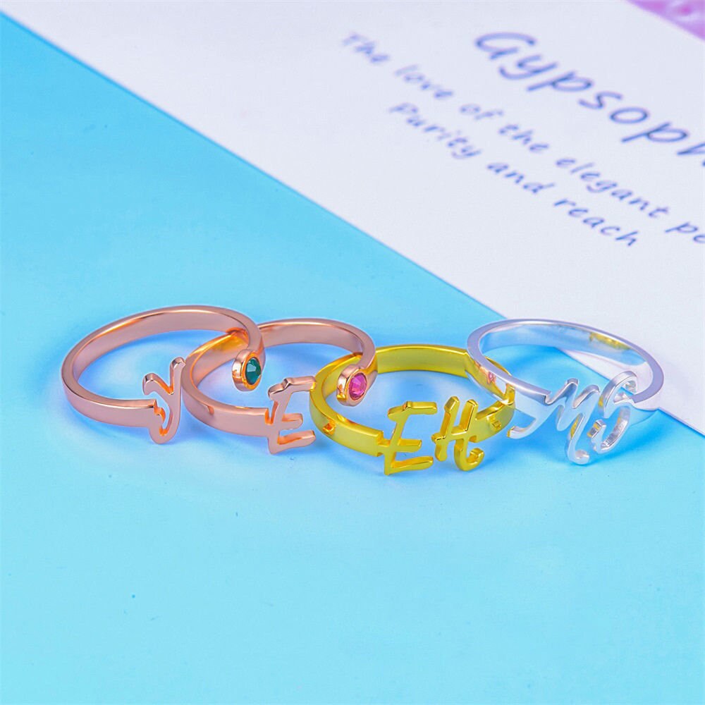 925 silver one letter ring with birthstone