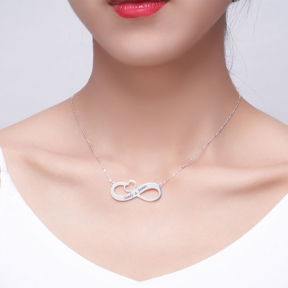 Custom Engraved Infinity Name and Heart Necklace 925 Sterling Silver