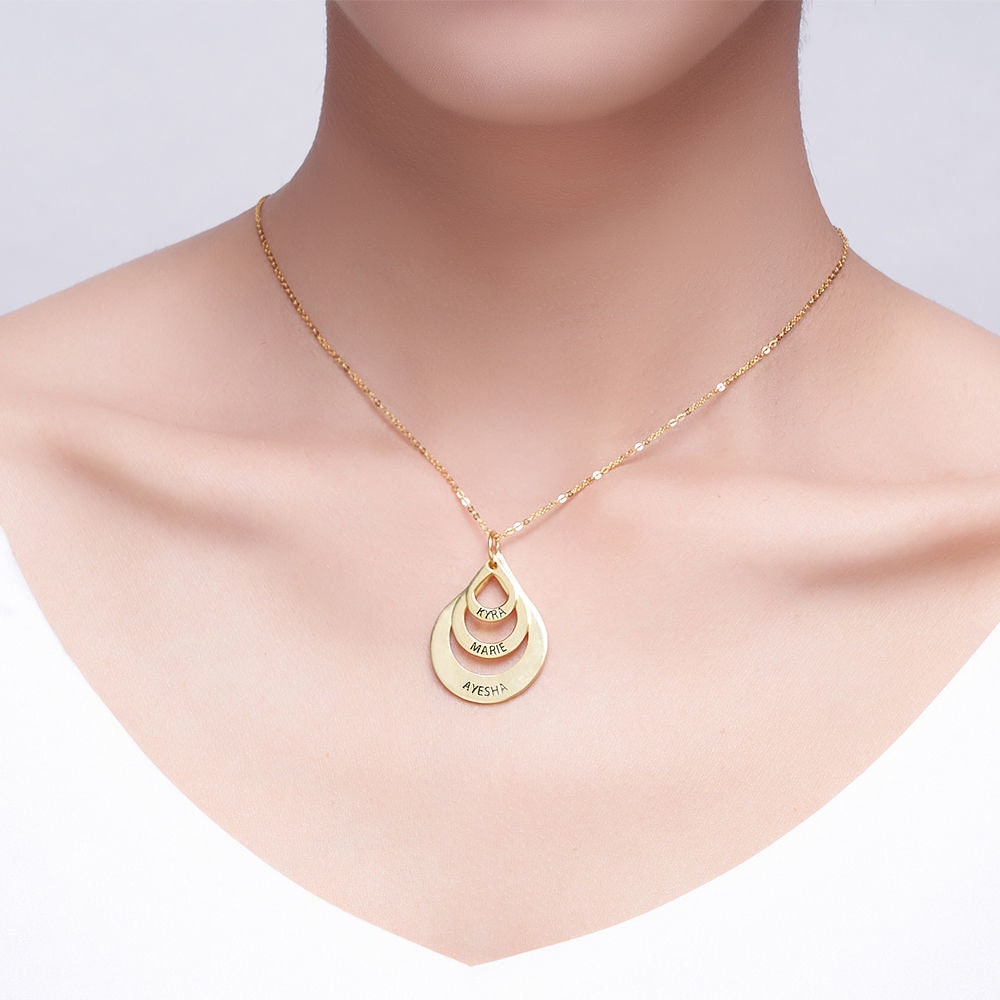 Custom Three Kids' Name Drop Shape Disc Necklace 925 Sterling Silver