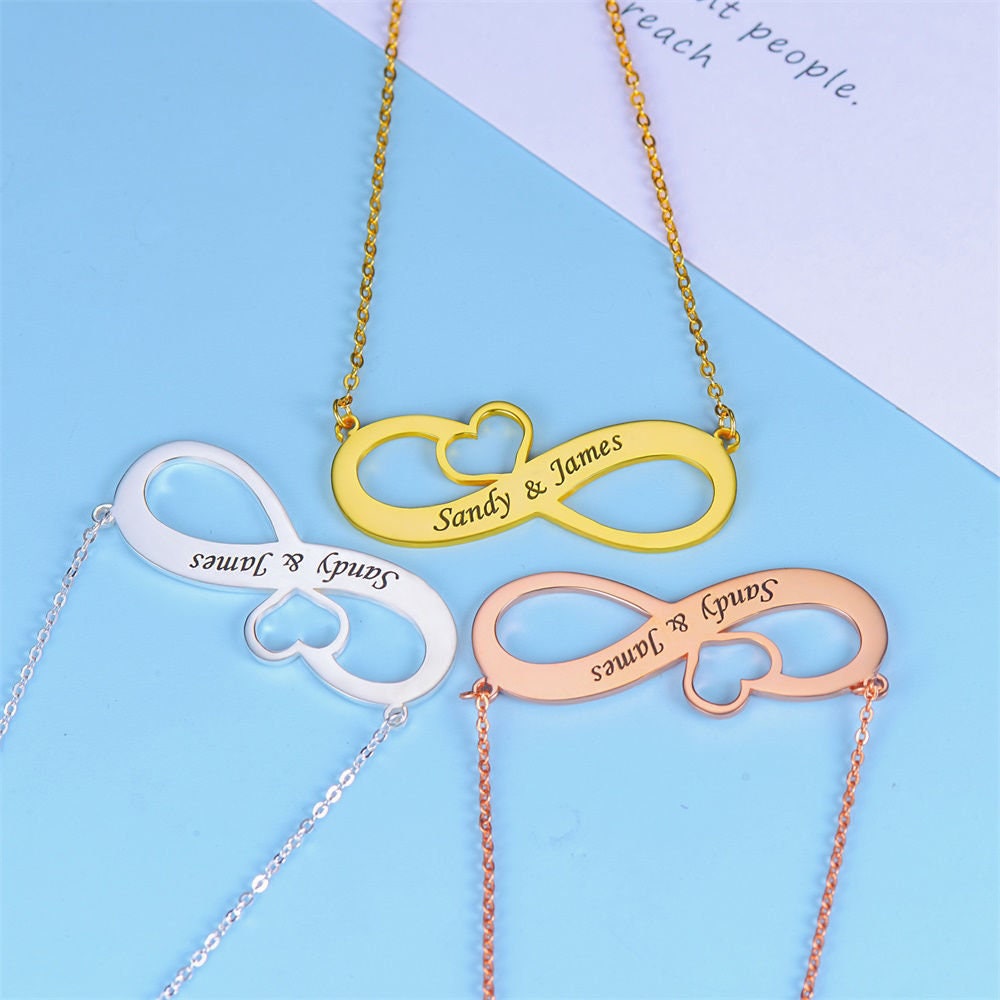 Custom Engraved Infinity Name and Heart Necklace 925 Sterling Silver