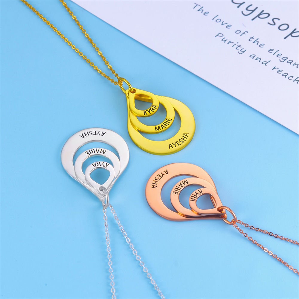 Custom Three Kids' Name Drop Shape Disc Necklace 925 Sterling Silver