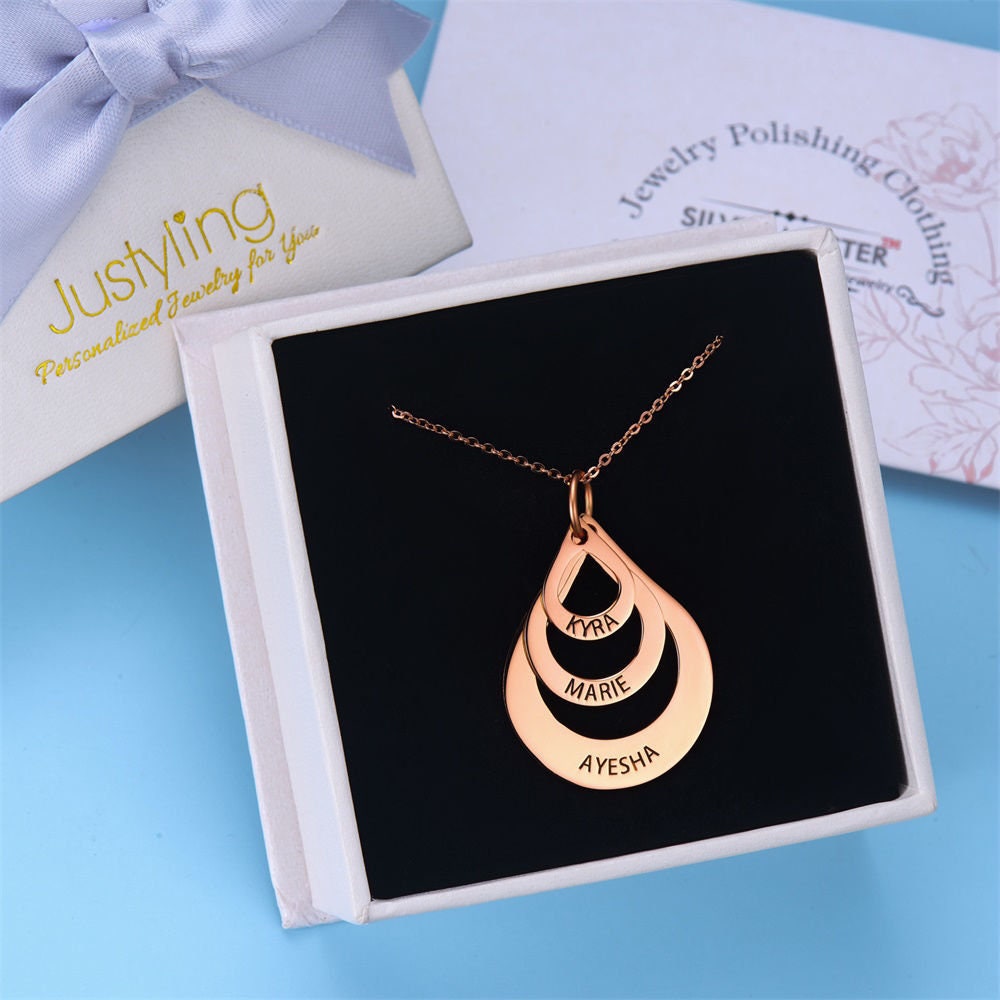 Custom Three Kids' Name Drop Shape Disc Necklace 925 Sterling Silver
