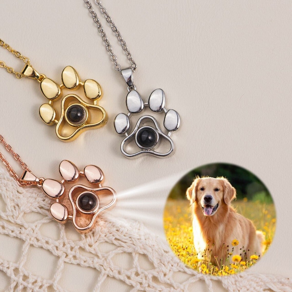Custom Pet Photo Projection Paw Necklace