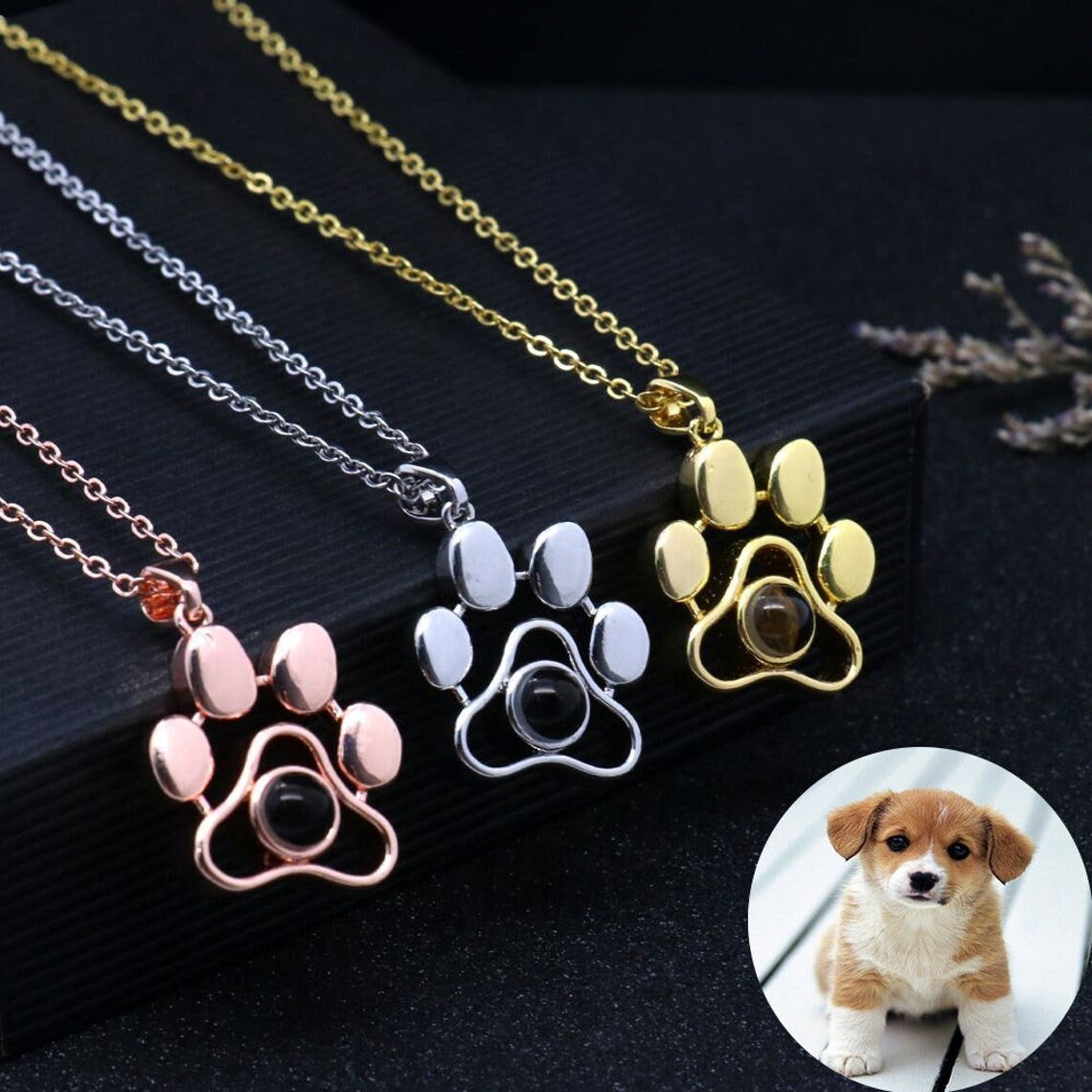 Custom Pet Photo Projection Paw Necklace