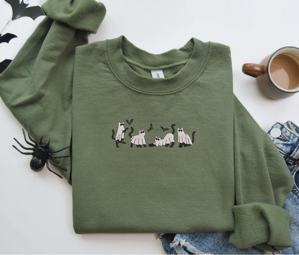 Embroidered Four Cute Ghost Cats Halloween Sweatshirt/Tshirt/Hoodie