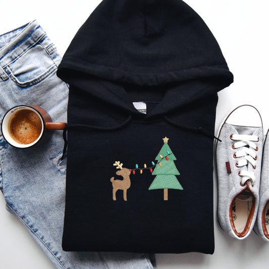 Embroidered Reindeer and Christmas Tree Sweatshirt Tshirt Hoodie