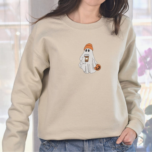 Embroidered Cute Ghost Drinking Coffee Bubble Tea Cat Halloween Sweatshirt/Tshirt/Hoodie