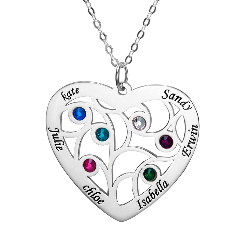 Family Member in Heart Name and Birthstone Engraved 925 Sterling Silver Necklace