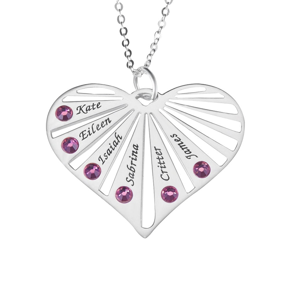 Custom Heart Family Name and Birthstone Necklace 925 Sterling Silver