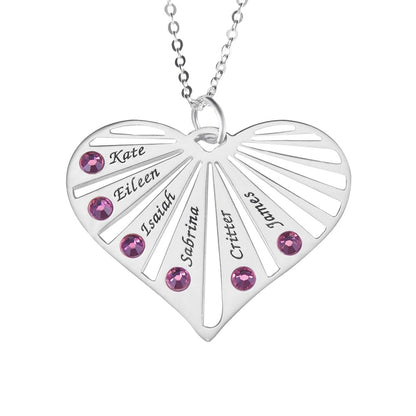 Custom Heart Family Name and Birthstone Necklace 925 Sterling Silver