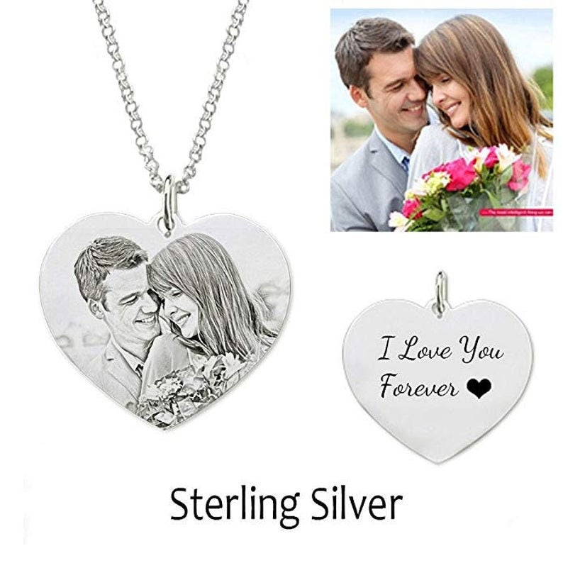 Custom Engraved Photo Heart Necklace 925 Sterling Silver 