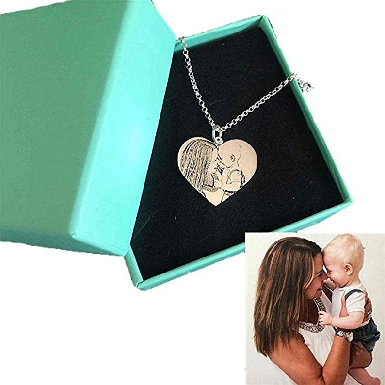 Custom Engraved Photo Heart Necklace 925 Sterling Silver 