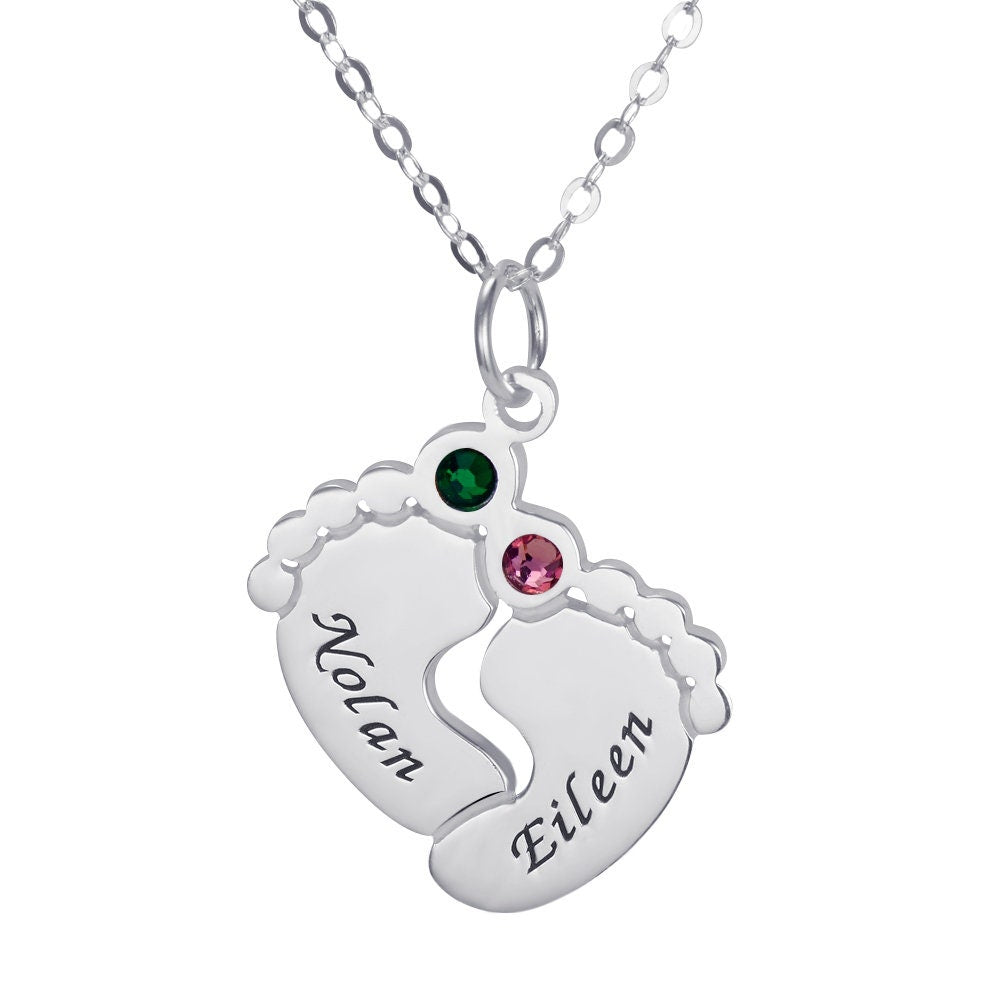 Custom Baby Feet with Name and Birthstone Necklace 925 Sterling Silver