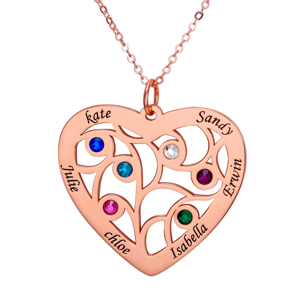 Family Member in Heart Name and Birthstone Engraved 925 Sterling Silver Necklace