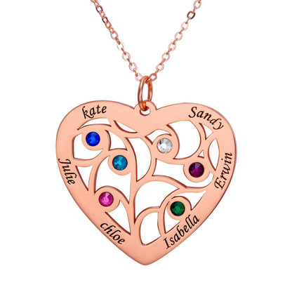 Family Member in Heart Name and Birthstone Engraved 925 Sterling Silver Necklace