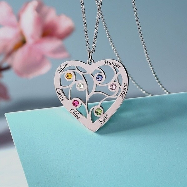 Family Tree in Heart Name and Birthstone Engraved 925 Sterling Silver Necklace