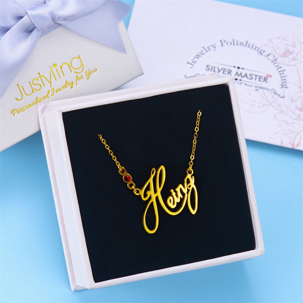 Handwriting Custom Name and Birthstone Necklace 925 Sterling Silver 