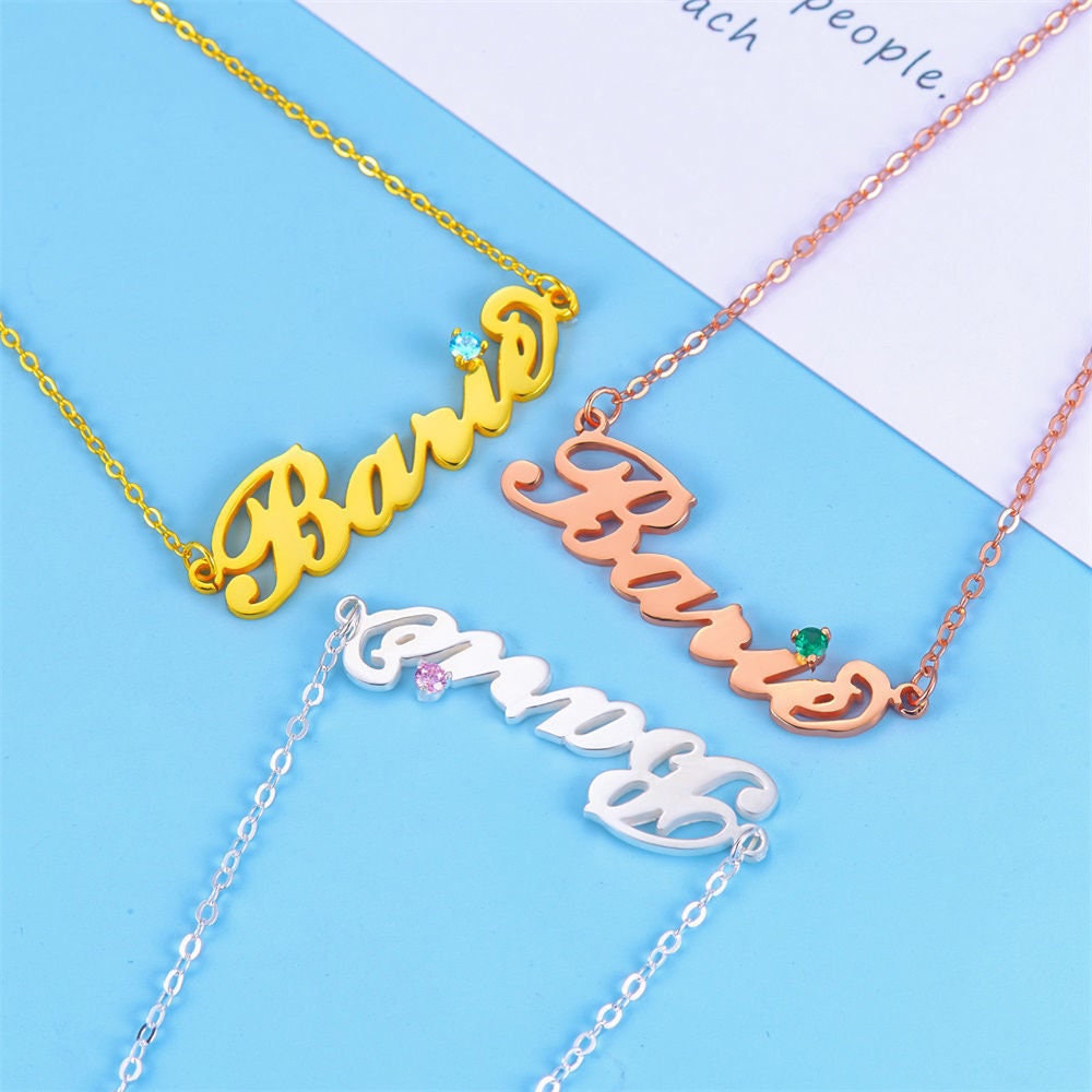 Custom Name Plate and Birthstone Necklace 925 Sterling Silver 