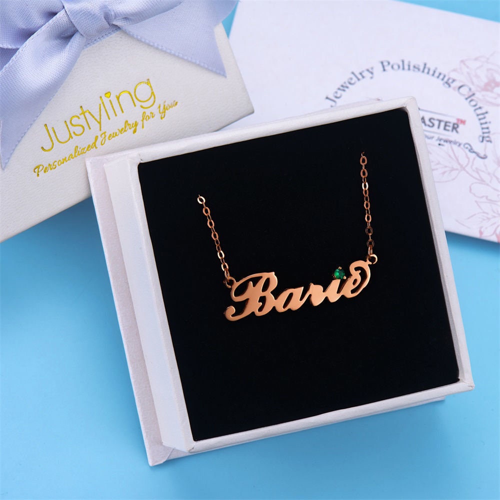 Custom Name Plate and Birthstone Necklace 925 Sterling Silver 