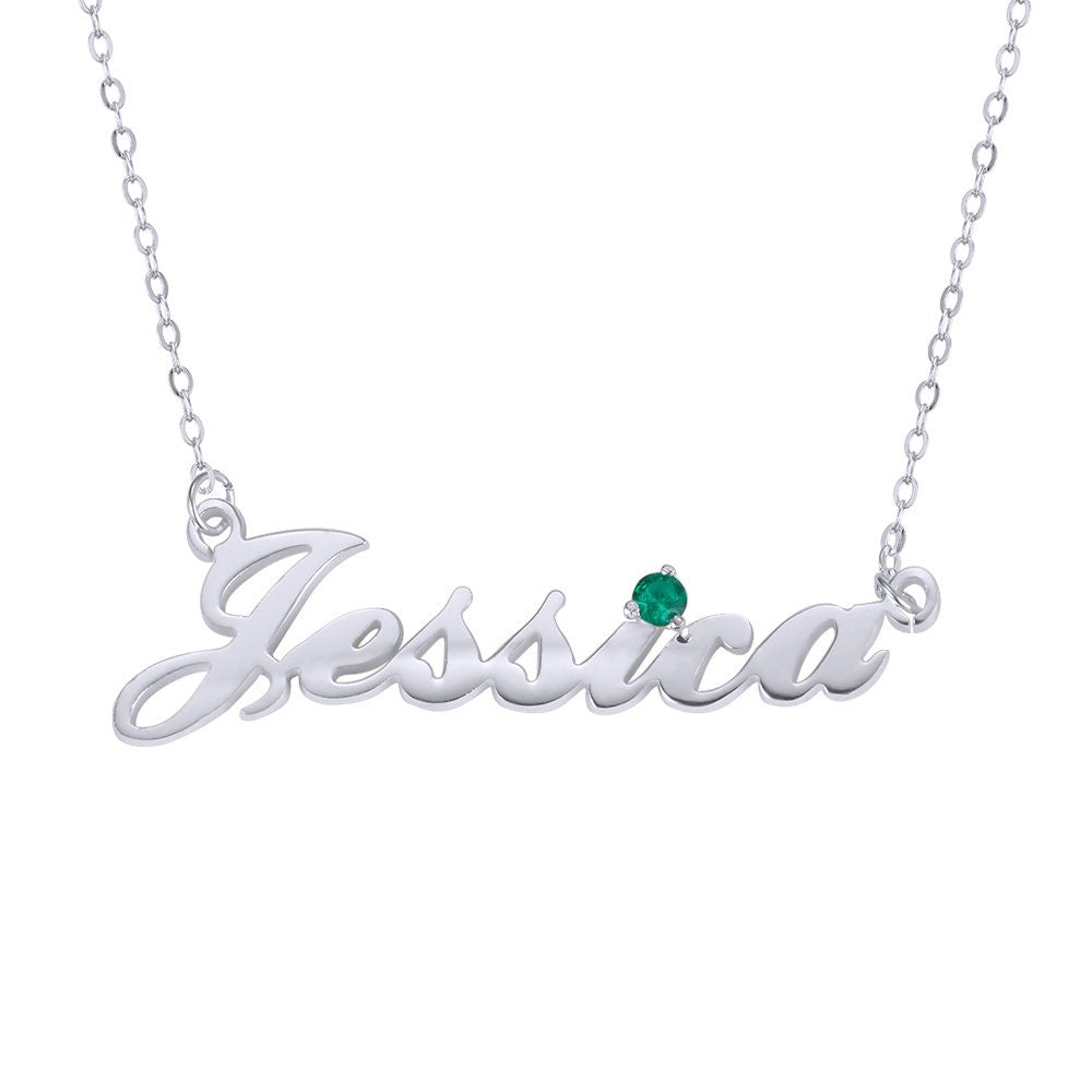 Custom Handwriting Name with Birthstone Necklace in 925 Sterling Silver