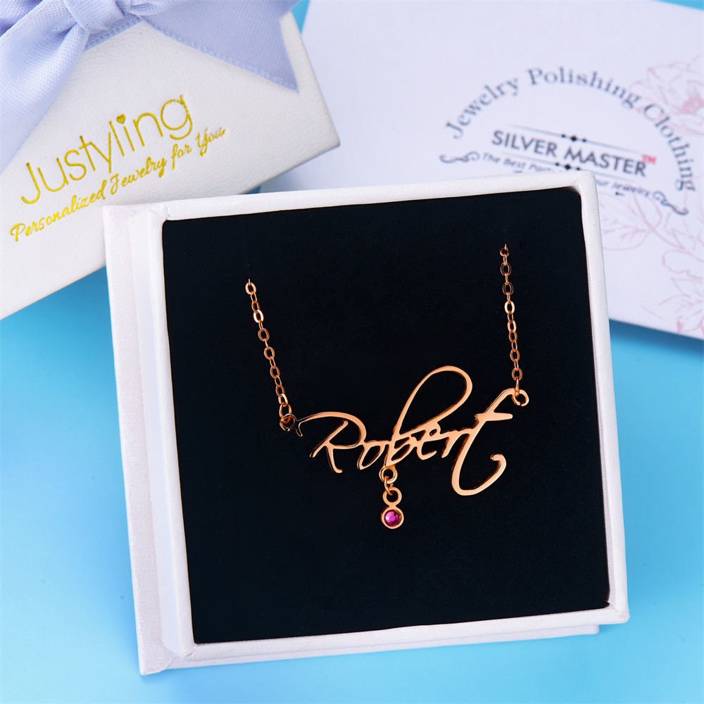 Handwriting Custom Name and Birthstone Necklace 925 Sterling Silver