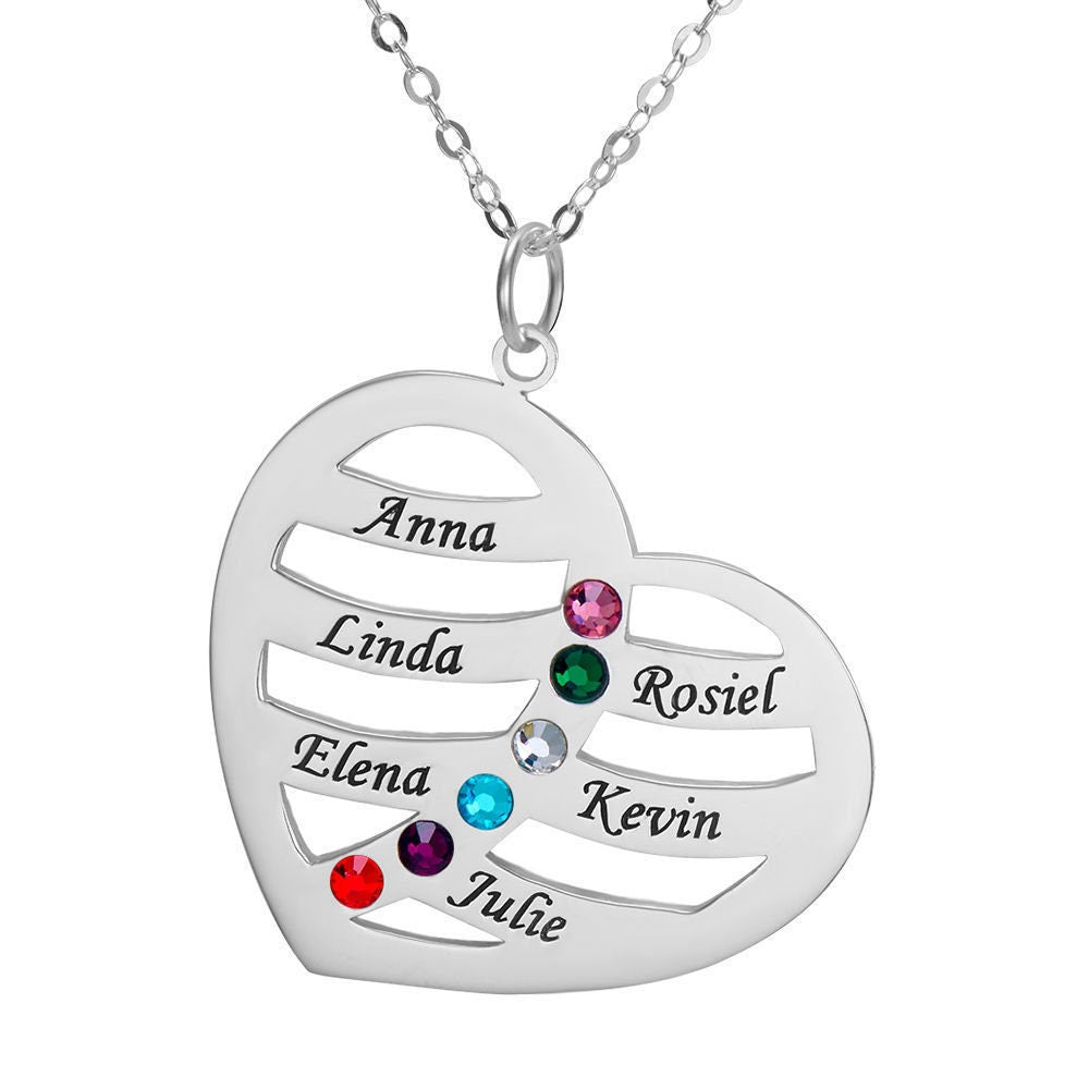 Custom Heart Name Engraved Birthstone Necklace 925 Sterling SIlver