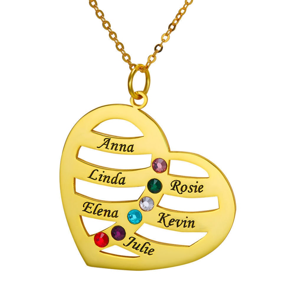 Custom Heart Name Engraved Birthstone Necklace 925 Sterling SIlver