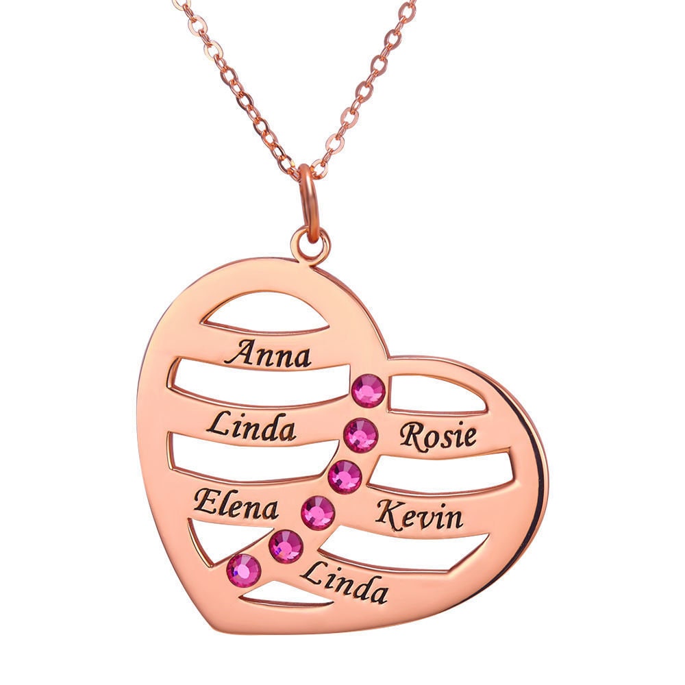 Custom Heart Name Engraved Birthstone Necklace 925 Sterling SIlver