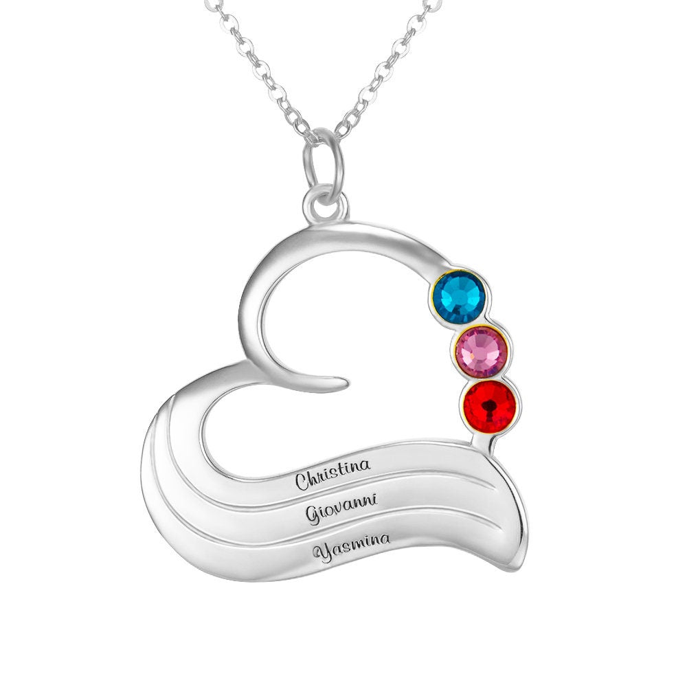 Custom Heart Three Names Birthstone Necklace 925 Sterling Silver