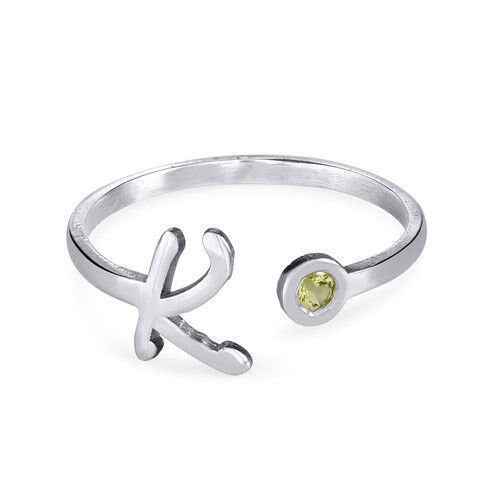 925 silver one letter ring with birthstone