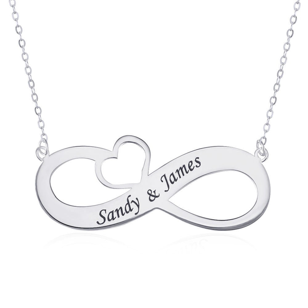 Custom Engraved Infinity Name and Heart Necklace 925 Sterling Silver 