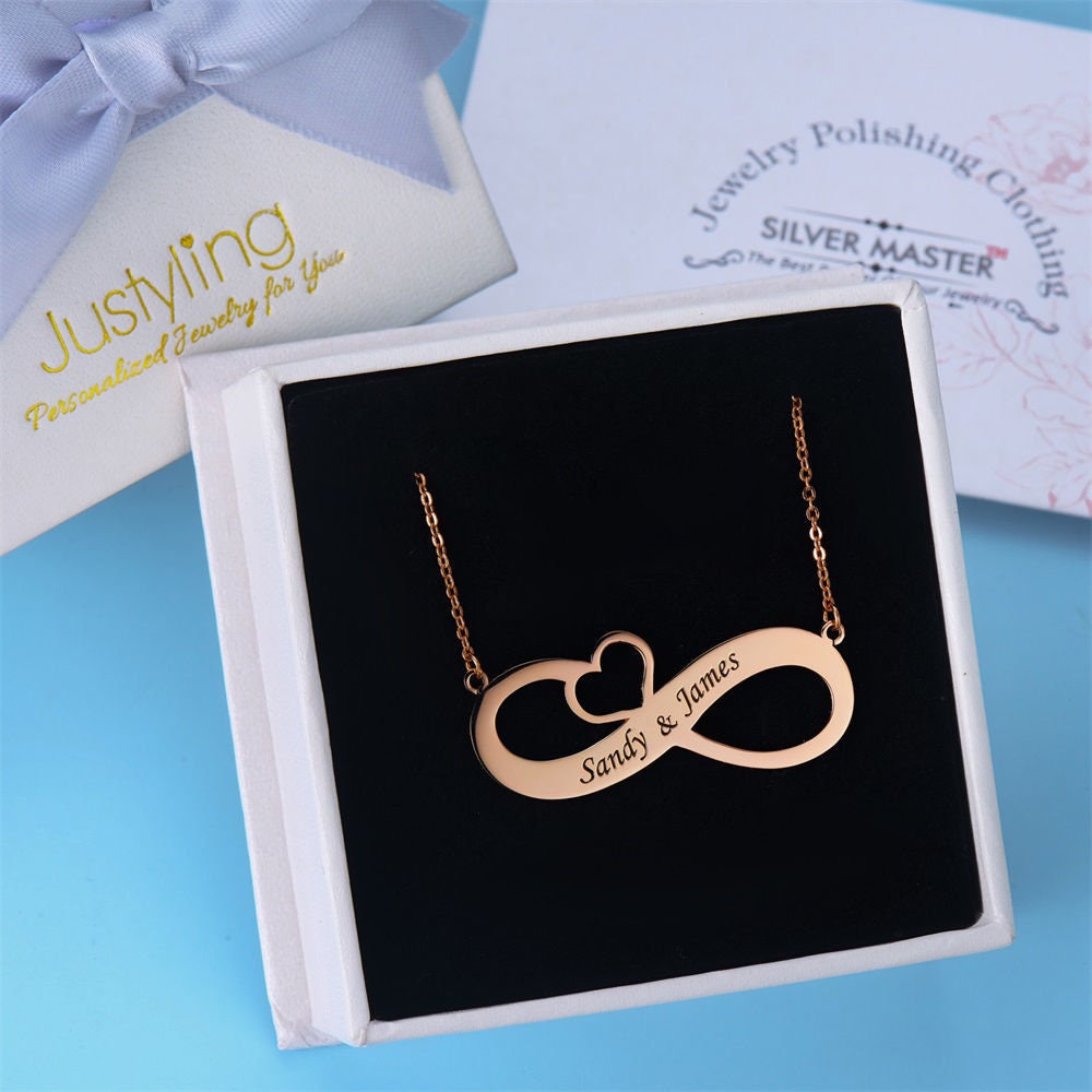 Custom Engraved Infinity Name and Heart Necklace 925 Sterling Silver 