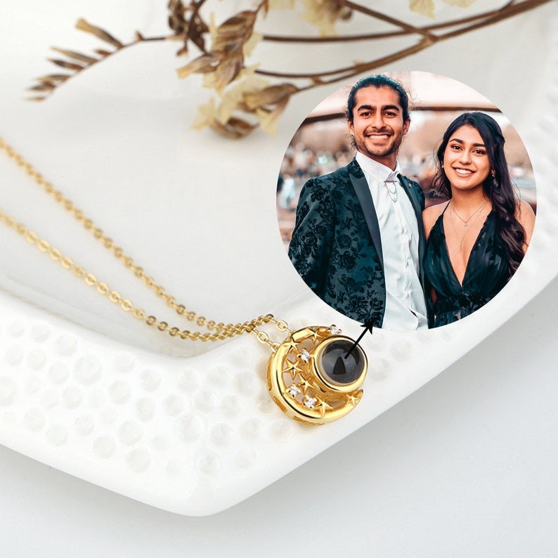 Custom Moon Star Photo Projection Necklace 