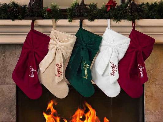 Custom Velvet Christmas Stockings with Embroidered Name, Monogram Family Stockings with Bow, Christmas Ornament