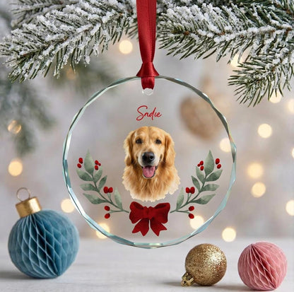 Custom Pet Portrait Christmas Ornament Dog Photo Name Glass Bauble Gift for Christmas Cat Face Keepsake