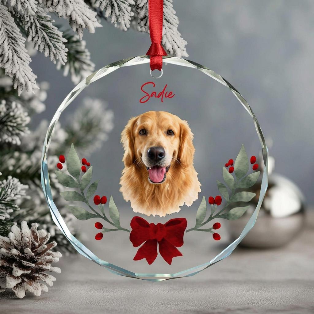 Custom Pet Portrait Christmas Ornament Dog Photo Name Glass Bauble Gift for Christmas Cat Face Keepsake