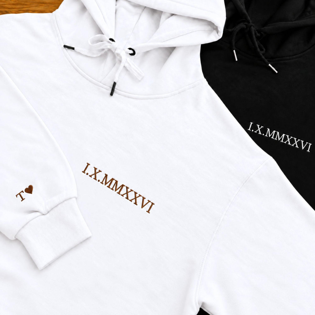 Custom Roman Numeral Hoodie, Personalised Date Sweatshirt, Embroidered Anniversary Tshirt, Couple Gift, Initial Heart Sleeve, Wedding Gift