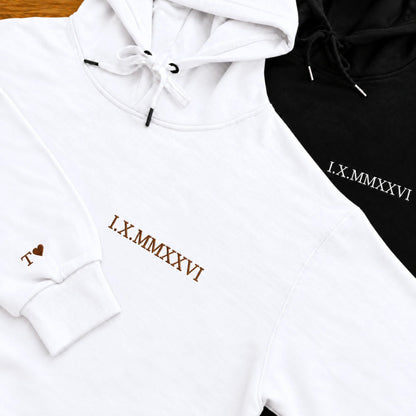 Custom Roman Numeral Hoodie, Personalised Date Sweatshirt, Embroidered Anniversary Tshirt, Couple Gift, Initial Heart Sleeve, Wedding Gift