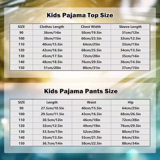 kids pajama set size chart